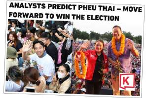 De to opposisjonspartiene har stor fremgang. Til venstre vinker Pita Limjaroenrat fra Move Forward. Til høyre sees Paetongtarn Shinawatra og Srettha Thavisin fra Pheu Thai.