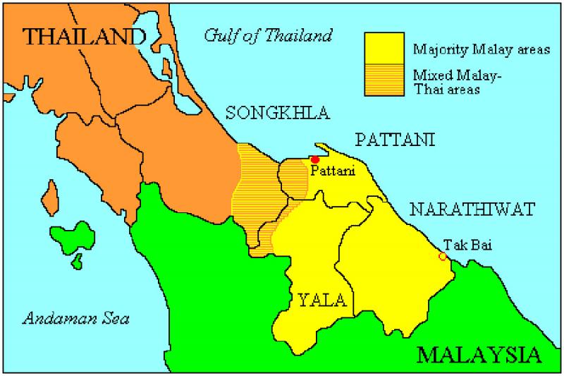 Regionen hvor separatiststyrkene kommer fra består i hovedsak av provinsene Yala, Narathiwat og Pattani.