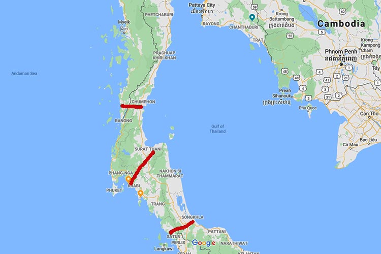 De tre diskuterte traseene med enkleste forbindelse mellom Andamanhavet og Thaibukta.