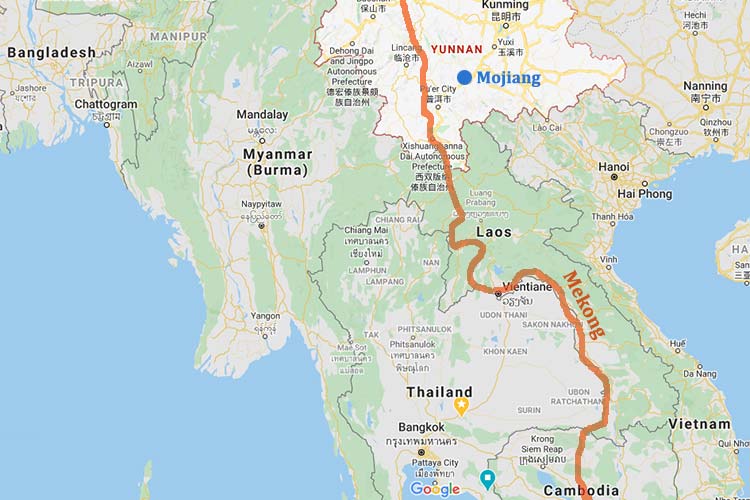 Slik renner Mekongfloden gjennom disse landene. Mojiang er stedet man fant antistoffer i 2015.