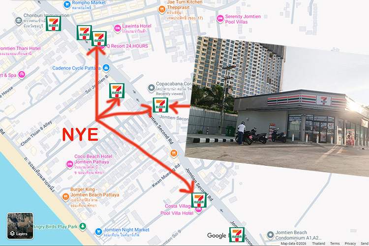Gode beliggenheter p&aring; Jomtien Second Road blir konvertert til kiosker.
